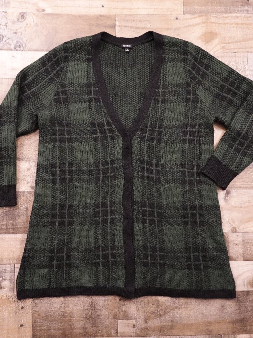 Torrid Plaid Open Front Cardigan Sweater Women’s 2 Green Black Cozy Grunge